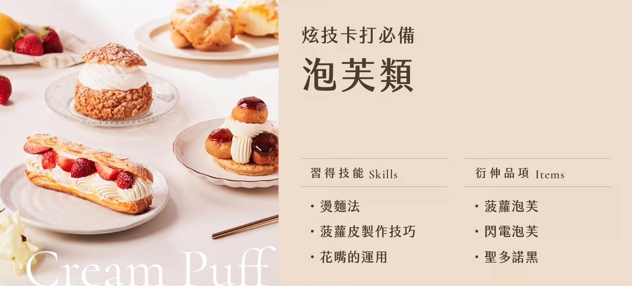 泡芙類｜習得技能：燙麵法、菠蘿皮製作技巧、花嘴的運用；衍伸品項：菠蘿泡芙、閃電泡芙、聖多諾黑