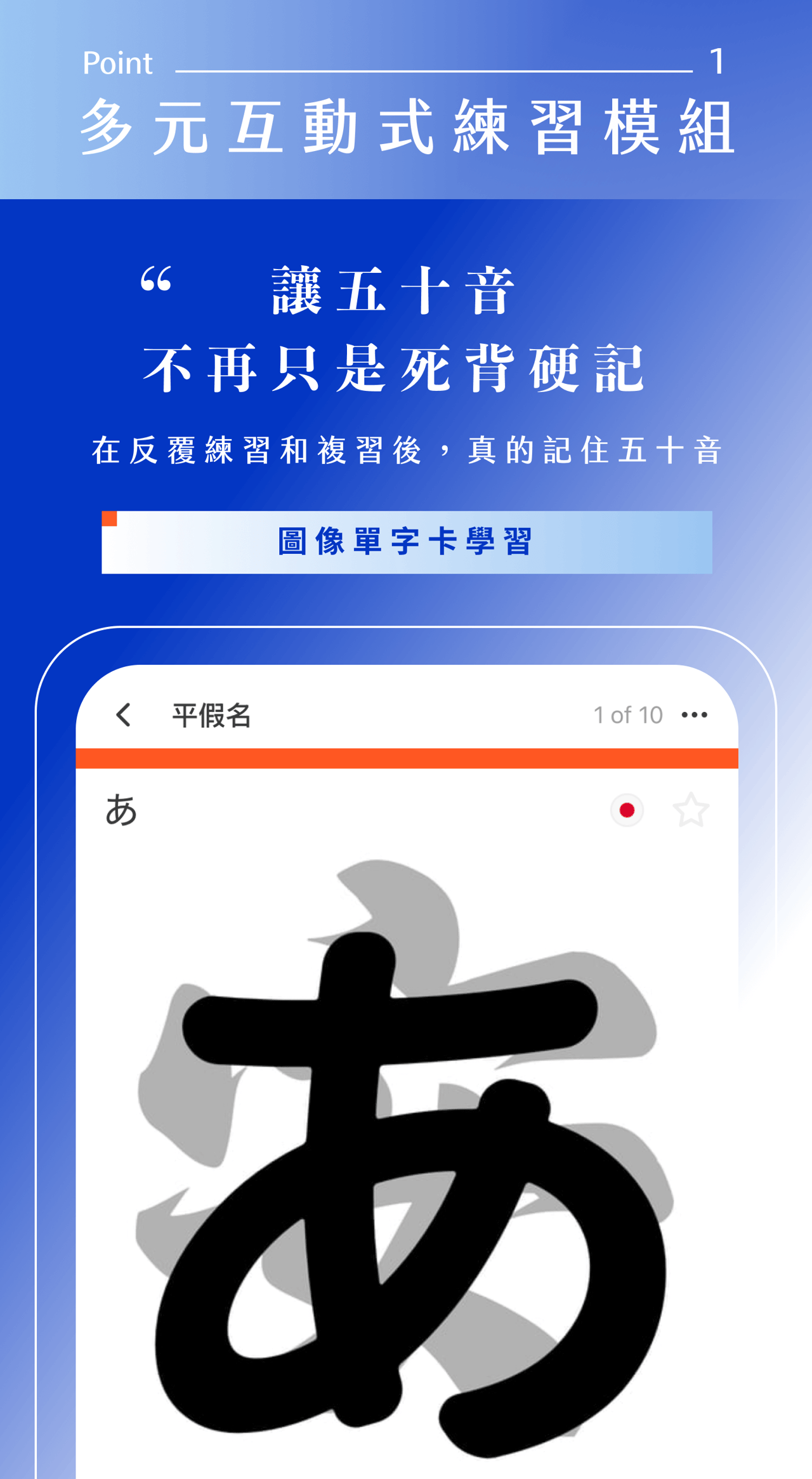 特色一：多元互動式練習模組。透過圖像單字卡學習，讓你告別死背，在反覆複習中真正記住日文五十音與筆順。