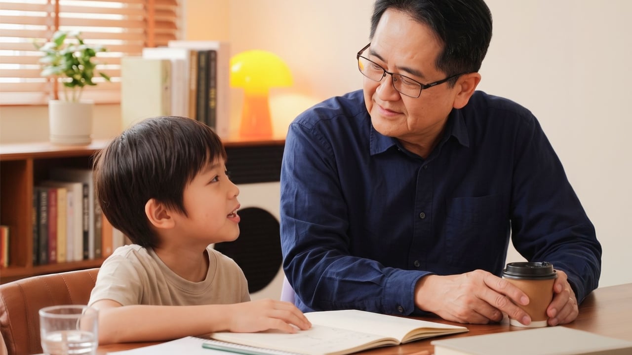 黃夏成與孩子同桌，專注傾聽孩子說話