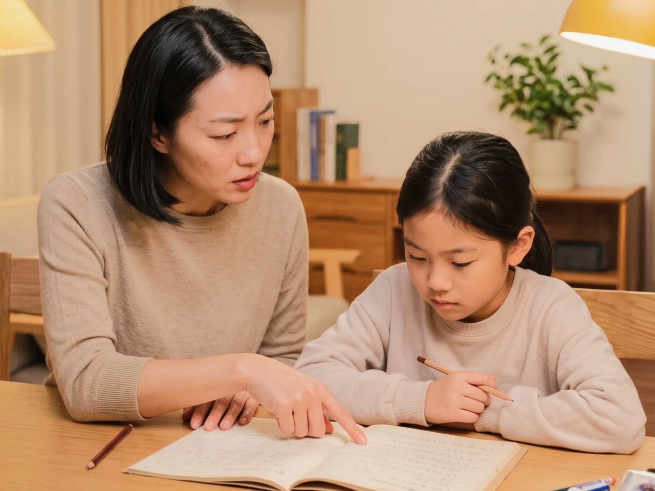 媽媽指著作業訓話，女兒低頭不語