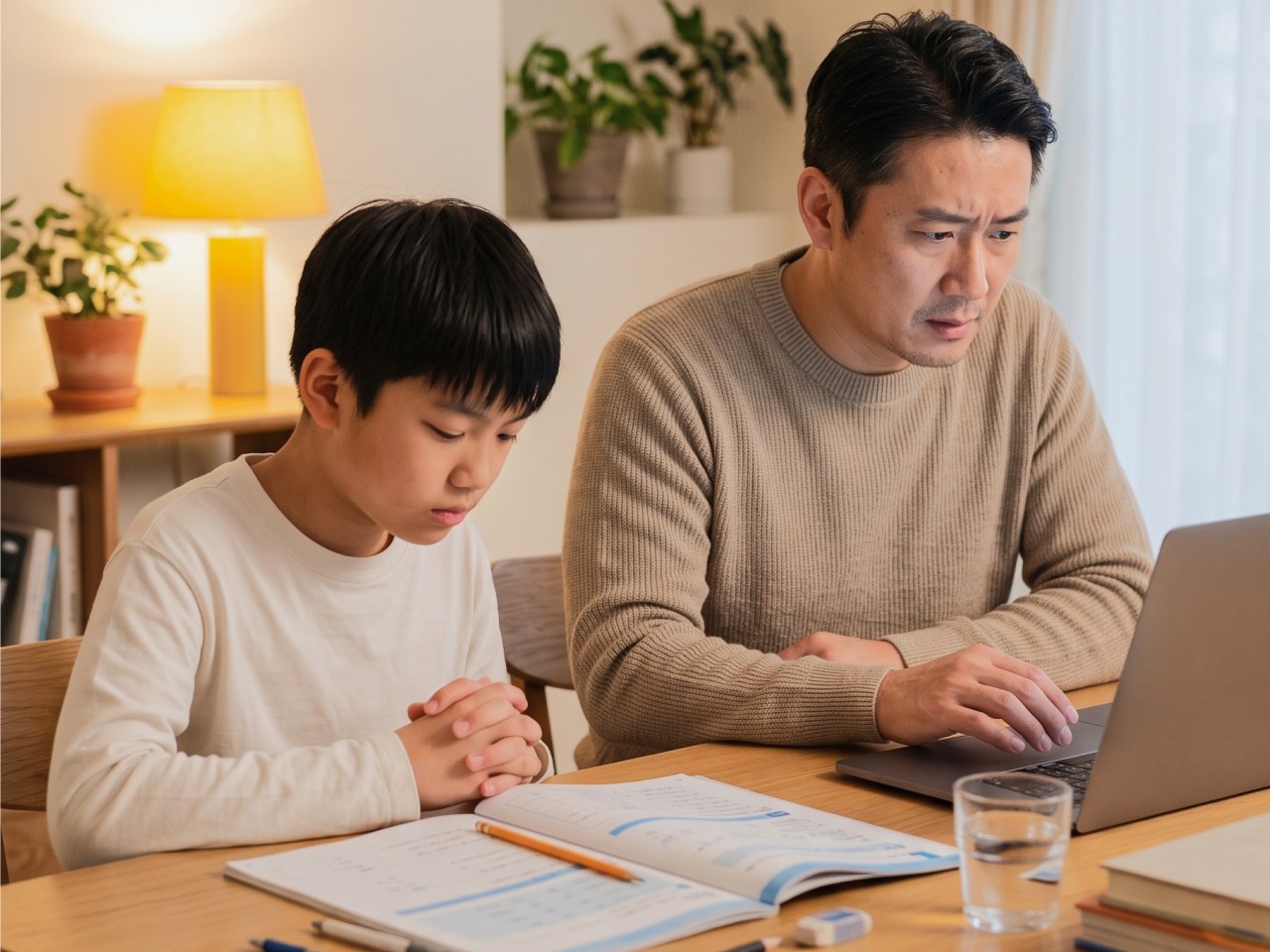 爸爸皺眉沉默，孩子在旁不知所措