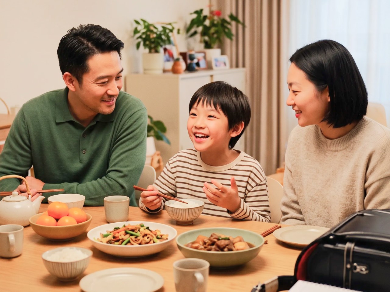 餐桌上孩子開心分享，爸媽笑著聽