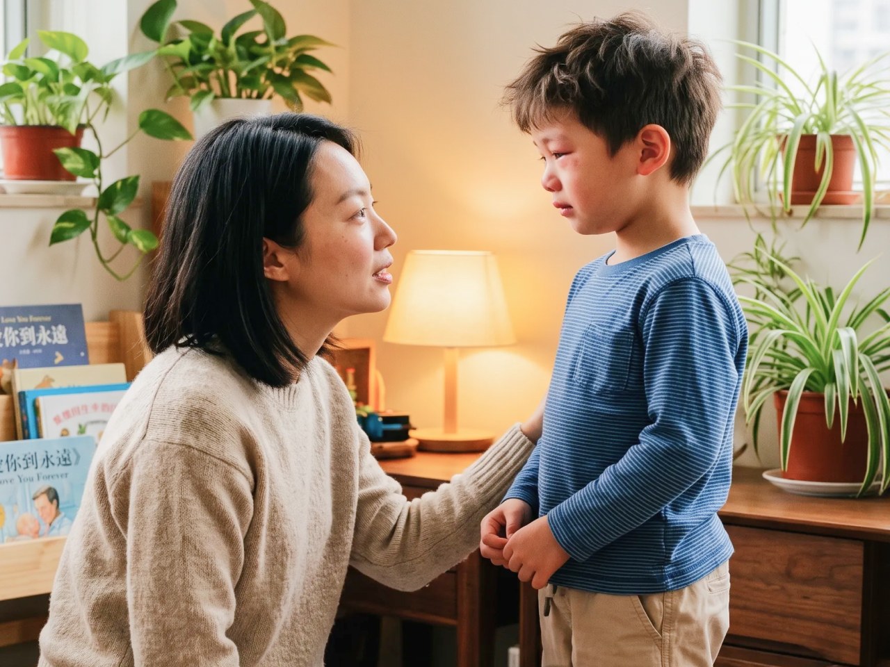 媽媽蹲下與孩子平視、輕聲對話