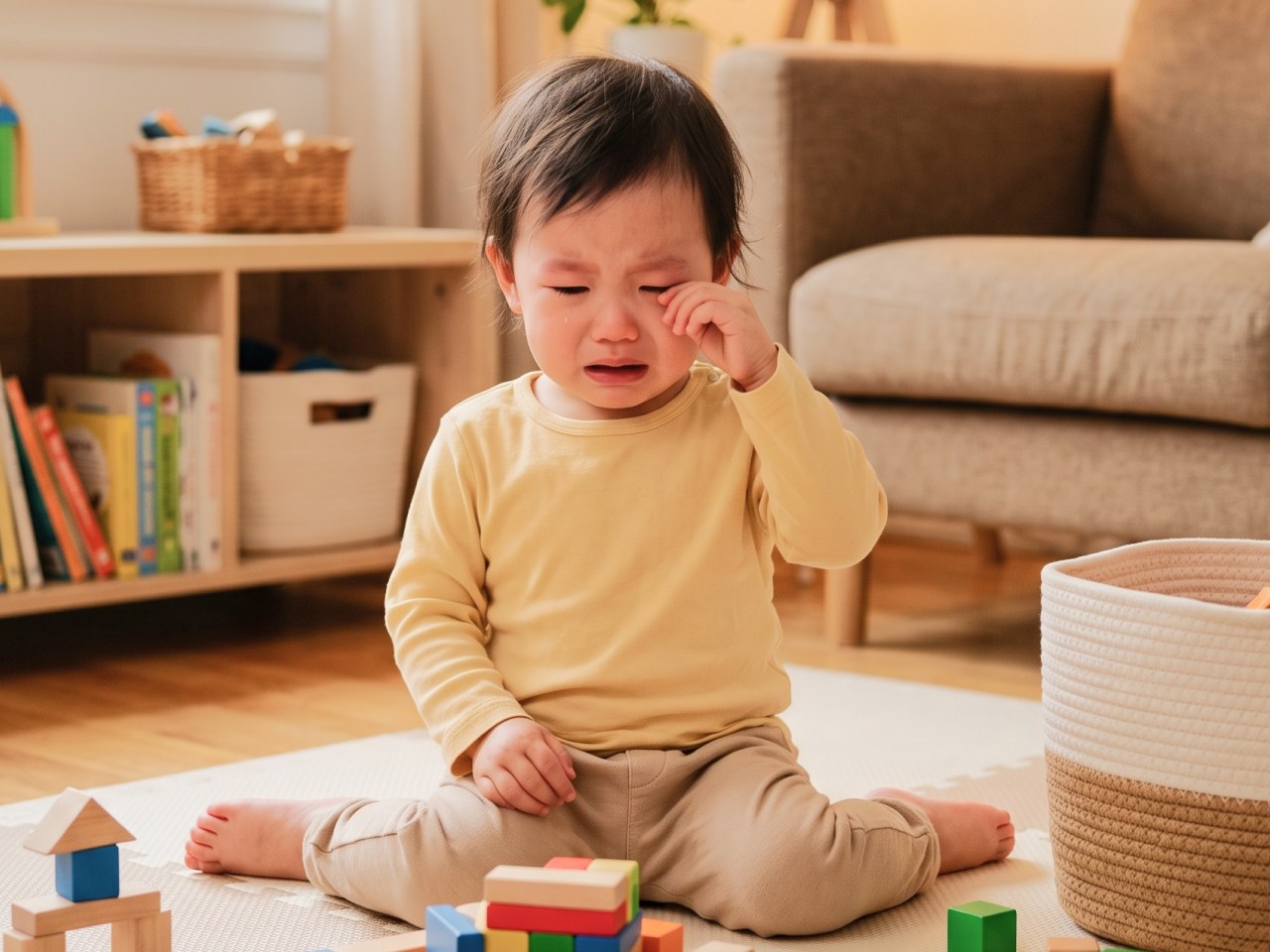 幼兒玩積木時大哭