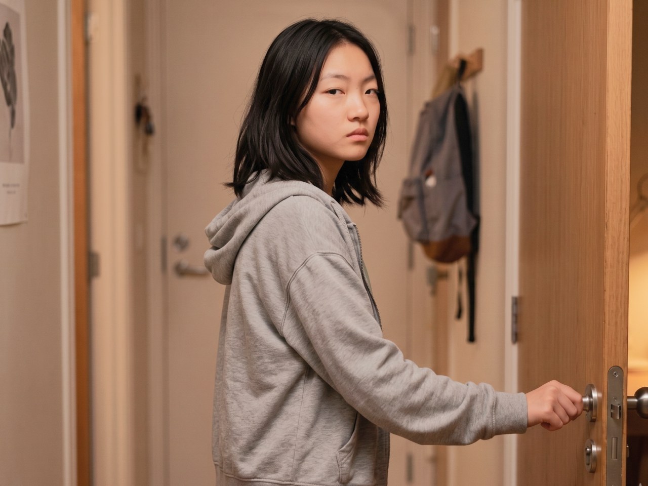 青春期女孩手握房門把、回頭冷眼