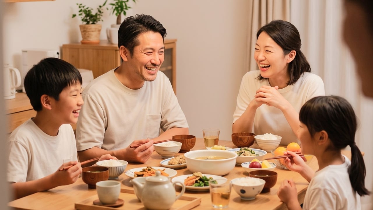 餐桌上一家人聊天大笑
