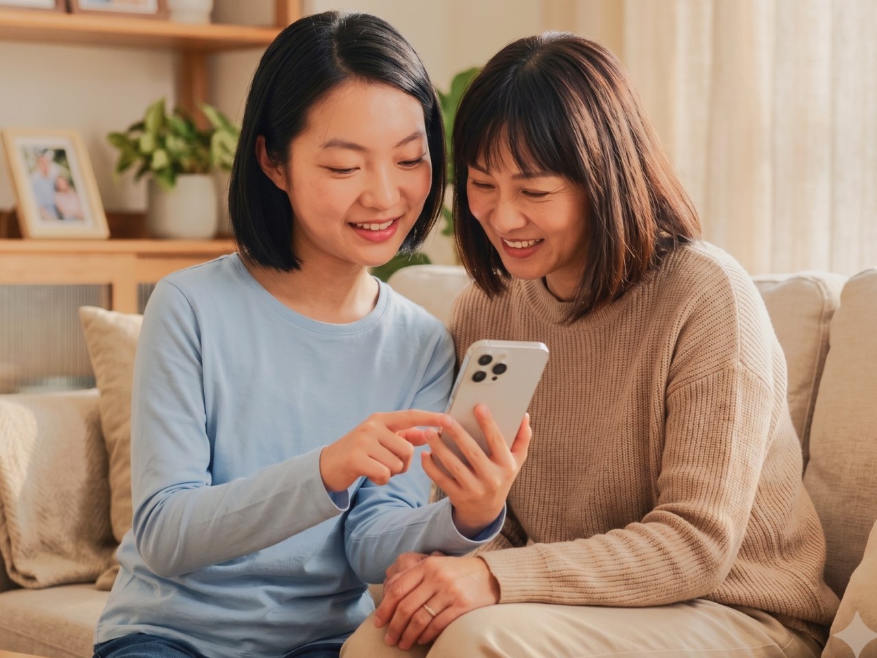 孩子拿手機和媽媽分享，兩人笑著聊天