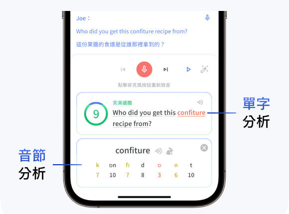 完成錄音後的單字評分與音節分析畫面